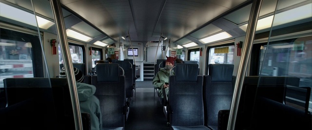 Video Reference: Train, Vehicle, Mode of transport, Public transport, Rolling stock, Passenger, Passenger car, Fixture, Symmetry, Window