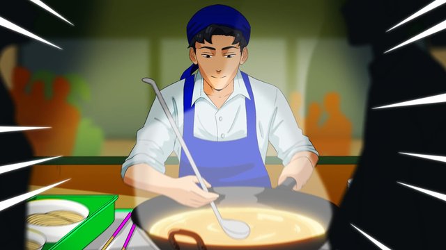 Video Reference: animation, cook, chef, kitchen, stirring, pot, apron, headscarf, cooking, food, counter, ladle, dramatic, close-up, indoor, cartoon