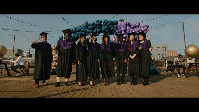 Video Reference: Footwear, Sky, Purple, Smile, Academic dress, Scholar, Entertainment, Performing arts, Fun, Event