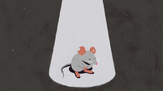 Video Reference: cartoon, mouse, spotlight, dark background, animal, animation, illustration, stage light, centered, minimal scene