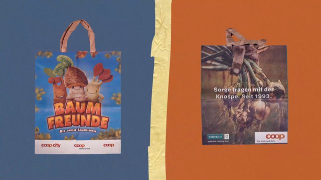 Video Reference: posters, wall, blue background, orange background, paper bag, taped, German text, shopping bag, advertisement, cartoon, vegetables, indoor, collage, split background