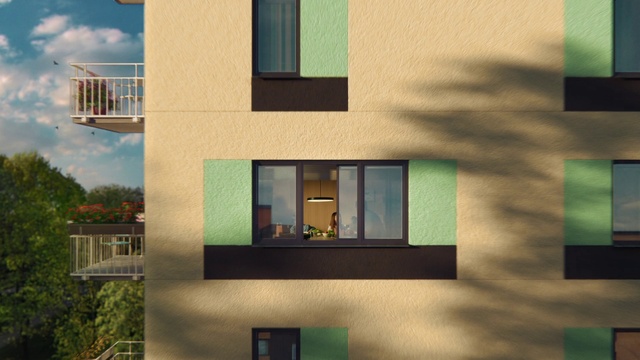 Video Reference: Daytime, Property, Green, Building, Window, Rectangle, Azure, Fixture, Urban design, Wood