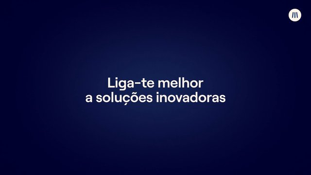 Video Reference: title card, text overlay, Portuguese, dark blue, minimal design, branding, logo, marketing, presentation, typography, abstract background, corporate