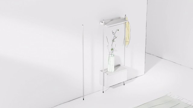 Video Reference: minimal, interior, white room, shelf, vase, branches, hanging fabric, modern, abstract, clean, wall-mounted, decor, simple, bright, minimalist, home