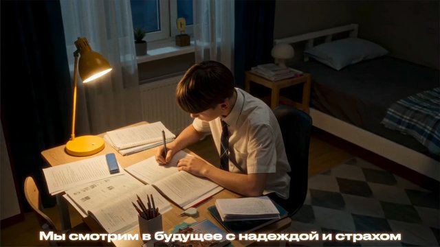 Video Reference: student, studying, homework, desk lamp, bedroom, notebooks, writing, night, education, reading, indoor, teenager, schoolwork, quiet scene, Russian text