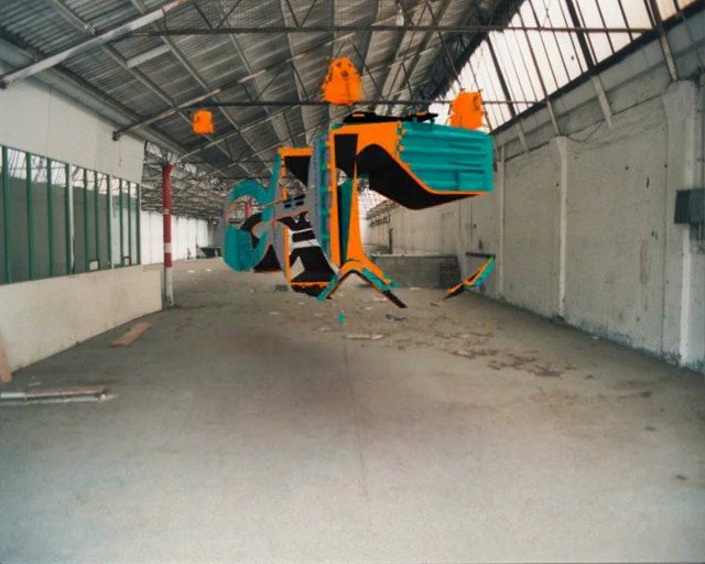 Video Reference: warehouse, industrial, interior, empty, hangar, abstract, sculpture, art, concrete, metal roof, large space, installation, garage, indoor, symmetrical, modern