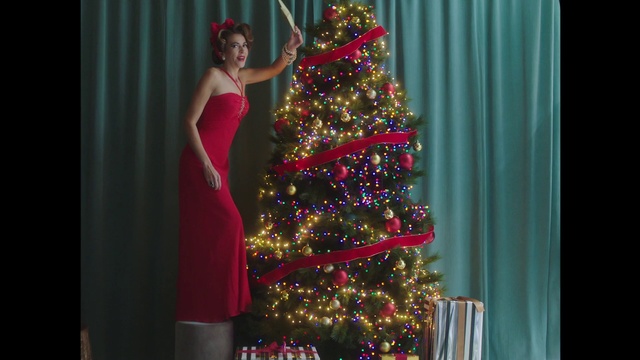 Video Reference: Christmas tree, Christmas ornament, Outerwear, Leg, Holiday ornament, Dress, Plant, Tree, Standing, Ornament