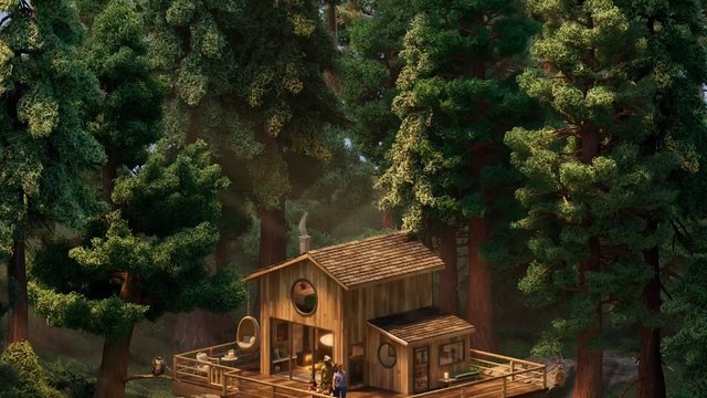 Video Reference: forest, cabin, wooden house, treehouse, deck, nature, woodland, architecture, secluded, sunlight, trees, rustic, home, outdoors, cottage, rural