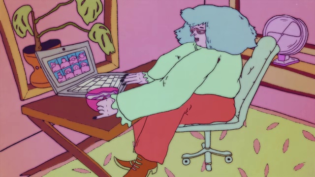 Video Reference: Furniture, Laptop, Organ, Personal computer, Cartoon, Computer, Art, Chair, Comfort, Pink