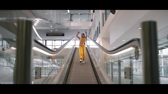 Video Reference: Escalator, Fixture, Floor, Building, City, Handrail, Metal, Glass, Flooring, Public transport