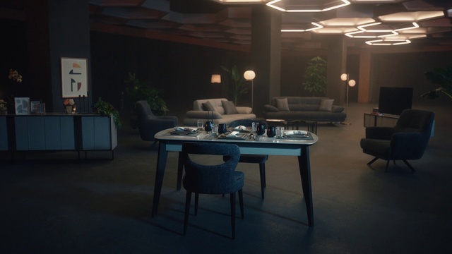 Video Reference: Furniture, Table, Chair, Interior design, Building, Floor, Flooring, Plant, Coffee table, Space