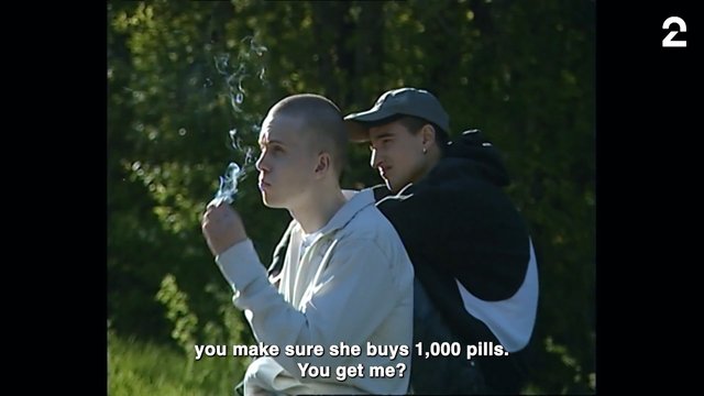 Video Reference: outdoors, two men, smoking, cigarette, forest, park, side profile, subtitle, conversation, young adults, backlighting, hoodie, cap, dramatic scene, video frame, broadcast
