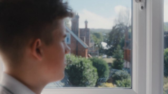 Video Reference: person, window, profile, looking बाहर, indoors, outdoor view, houses, trees, sunlight, blurred, side view, residential, reflection, daylight