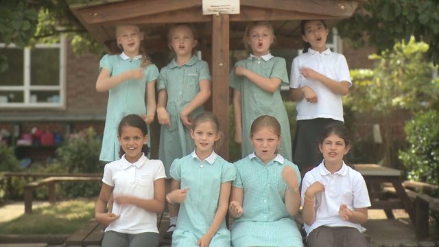 Video Reference: children, schoolchildren, uniforms, outdoors, playground, group, synchronized, hand gestures, wooden structure, schoolyard, trees, brick building, standing, sitting, performance, daytime