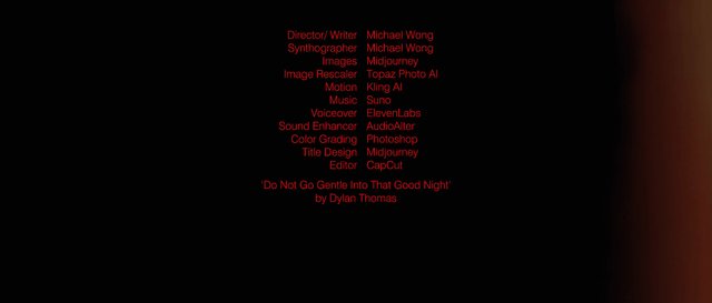 Video Reference: credits, title card, text, black background, red text, poem, typography, centered, minimal, AI tools, video frame, end credits