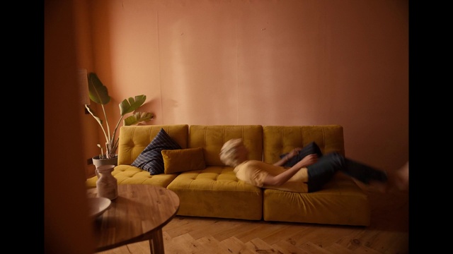 Video Reference: Brown, Couch, Furniture, Plant, Comfort, Wood, Rectangle, Floor, Flooring, Living room