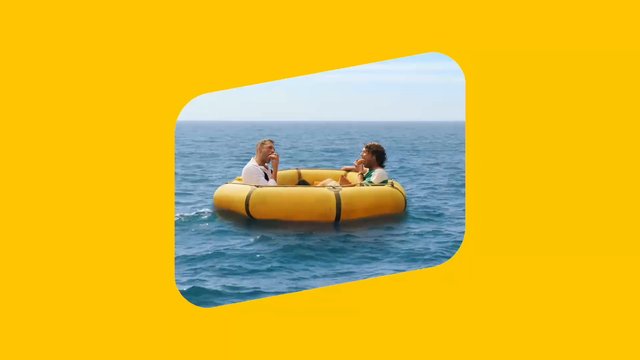 Video Reference: sea, ocean, raft, inflatable, boat, two people, eating, outdoors, water, summer, leisure, travel, adventure, yellow background, graphic frame
