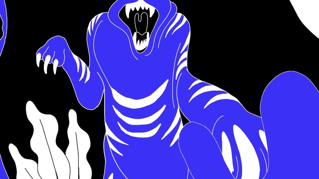 Video Reference: Jaw, Sleeve, Organism, Gesture, Slope, Art, Font, Electric blue, Rectangle, Snout