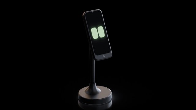 Video Reference: electronic device, stand, display, indicator lights, black background, product shot, minimalist, technology, gadget, device, isolated, studio lighting