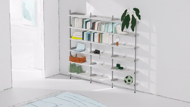 Video Reference: interior, shelving, books, storage, minimalist, modern, room, plant, decor, soccer ball, wall shelf, home, organized, bright, render, furniture