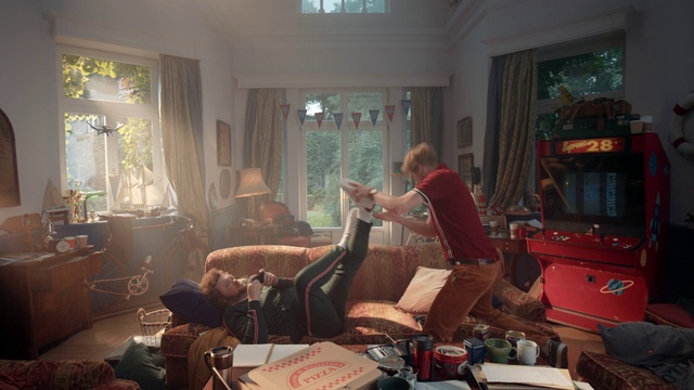 Video Reference: Window, Comfort, Picture frame, Interior design, Living room, Building, Bookcase, Couch, Television, Lamp