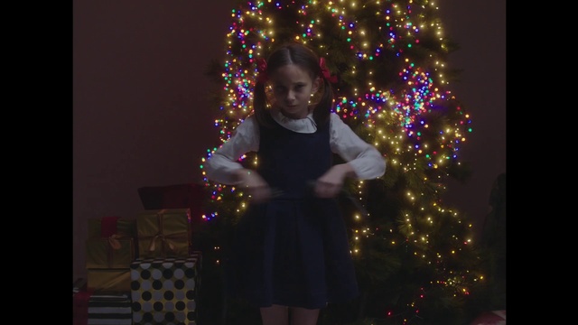 Video Reference: Hair, Christmas tree, Christmas ornament, Facial expression, Window, Light, Black, Human body, Happy, Lighting