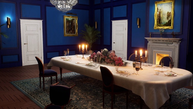 Video Reference: Table, Furniture, Picture frame, Property, Decoration, Candle, Chair, Blue, Interior design, Door