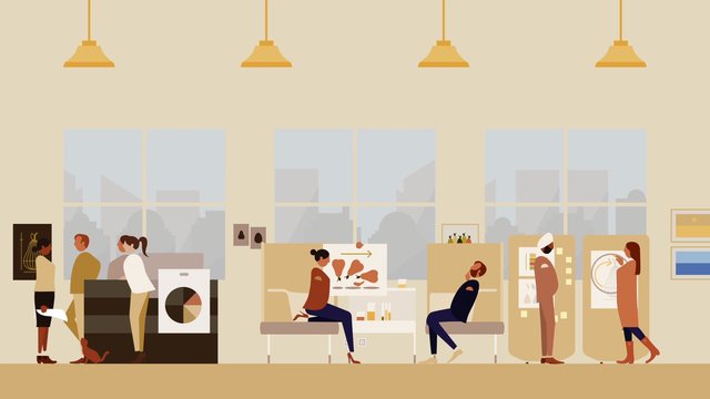 Video Reference: art studio, gallery, illustration, people, painting, exhibition, creative workspace, interior, windows, modern, design, artists, wall art, office, minimal, flat vector
