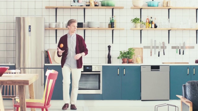 Video Reference: Cabinetry, Countertop, Chair, Interior design, Building, Kitchen, Flooring, Kitchen appliance, Event, Fashion design