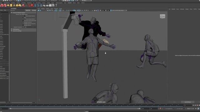 Video Reference: 3D, animation, software, viewport, character models, rigging, basketball, basketball hoop, pose, CGI, modeling, Maya, workspace, digital art, animation rig, scene