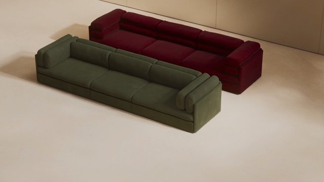 Video Reference: sofa, couch, furniture, interior, studio, minimal, modern, upholstered, green, red, living room, design, render, 3d, minimalist, home decor