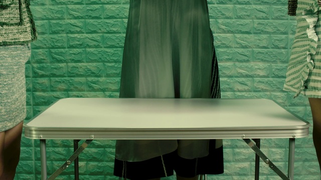 Video Reference: Furniture, Table, Green, Azure, Rectangle, Textile, Wood, Interior design, Shade, Grass