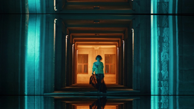 Video Reference: Green, Blue, Lighting, Line, Wood, Tints and shades, Metropolitan area, Symmetry, Electric blue, Darkness