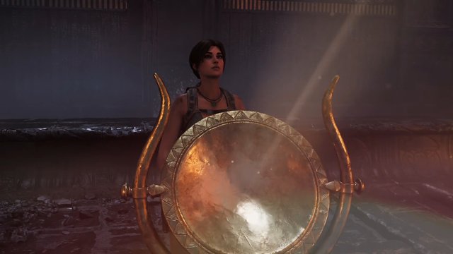 Video Reference: woman, shield, ancient chamber, bronze, fantasy, video game, dramatic lighting, dust, ruins, armor, heroine, indoor, cinematic, adventure