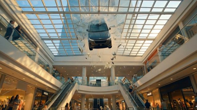 Video Reference: shopping mall, car, glass ceiling, crash, skylight, escalator, indoor atrium, debris, shoppers, multi-level, modern interior, dramatic scene