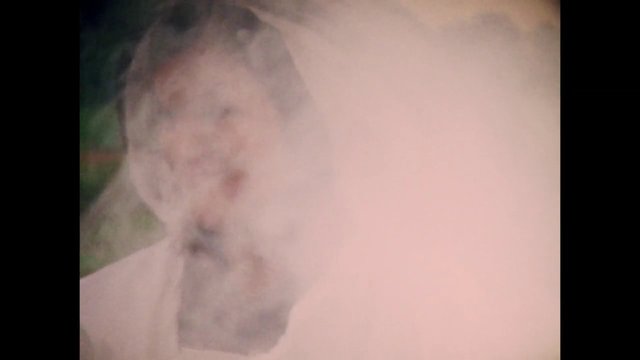 Video Reference: blurred, close-up, person, face, smoke, haze, indoor, portrait, low-light, obscured