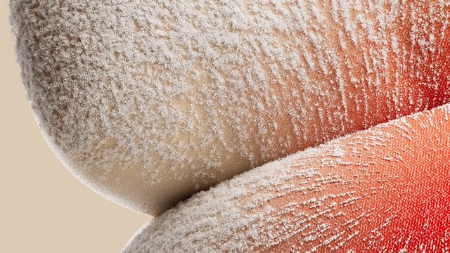 Video Reference: close-up, fruit, frost, sugar, texture, macro, red, orange, beige, surface, food, fresh, dusted, abstract, organic