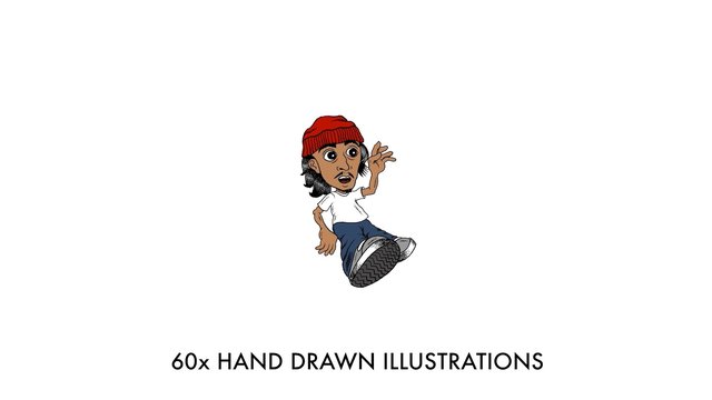 Video Reference: cartoon, illustration, hand drawn, character, white background, text, graphic design, beanie, t-shirt, sneakers, pose, vector style, clip art, promo, drawing