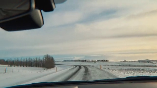 Video Reference: Sky, Cloud, Daytime, Snow, Automotive mirror, Automotive tire, Motor vehicle, Windscreen wiper, Road surface, Tree