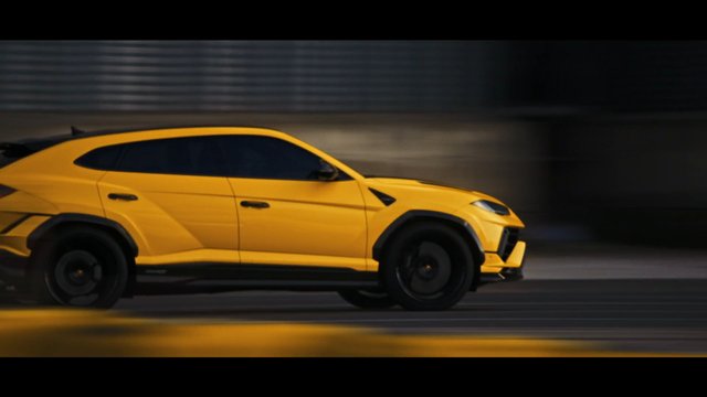 Video Reference: yellow SUV, sports car, motion blur, driving, side view, road, speed, vehicle, automobile, urban, transportation, yellow, dynamic, blurred background