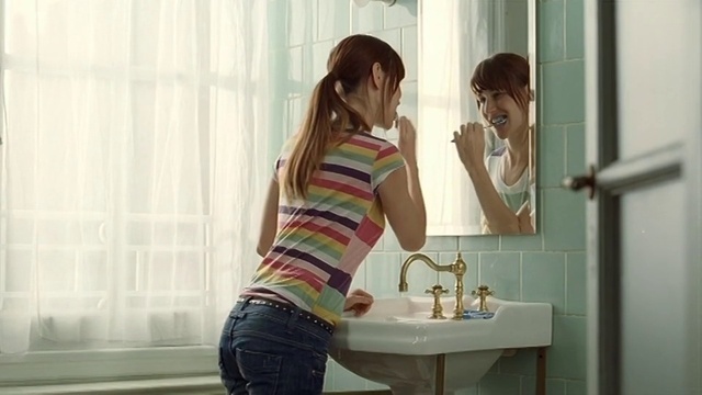 Video Reference: Mirror, Jeans, Tap, Sink, Shoulder, Bathroom sink, Plumbing fixture, Sleeve, Interior design, Standing