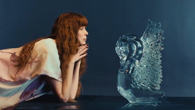 Video Reference: woman, portrait, glass sculpture, swan, art object, studio, blue background, profile view, red hair, fashion, decorative, still life, minimalism