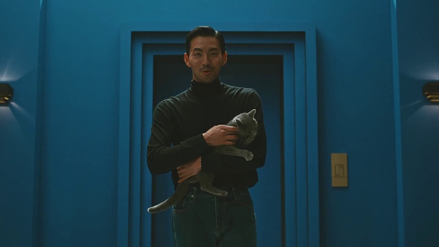 Video Reference: Shoulder, Blue, Flash photography, Sleeve, Dress shirt, Gesture, Door, Collar, Elbow, Wood