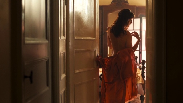 Video Reference: Shoulder, Window, Wood, Dress, Flash photography, Fashion design, Long hair, Door, Formal wear, Event