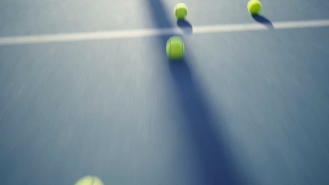 Video Reference: tennis, tennis balls, court, sports, blue court, motion blur, close-up, outdoor, game, training, equipment, line, athletic, bokeh