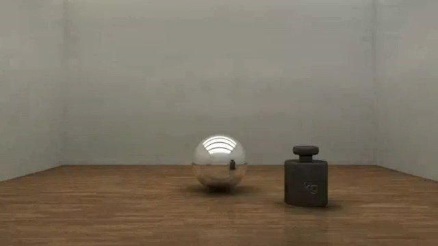 Video Reference: tabletop, still life, reflective sphere, metallic, wooden table, plain background, minimalism, indoor, object, product shot
