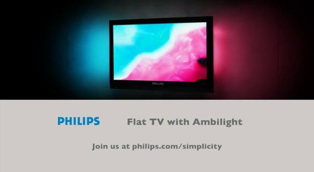 Video Reference: television, TV, ambient light, backlight, wall mounted, screen, electronics, living room, display, product shot, ad, promo, colorful, modern, Philips, flat screen