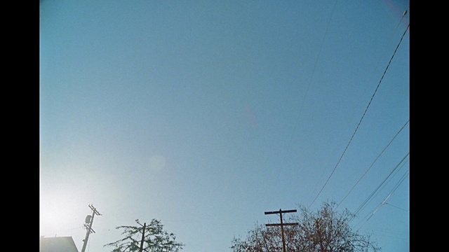 Video Reference: Sky, Tree, Twig, Overhead power line, Electricity, Tints and shades, Rectangle, Technology, Natural landscape, Wire