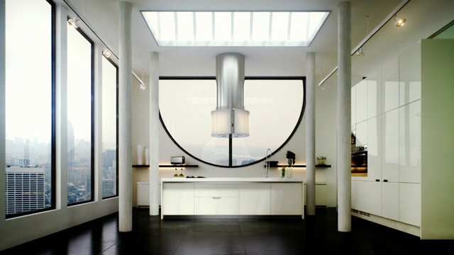 Video Reference: modern kitchen, interior, luxury home, white cabinets, large windows, city view, skylight, minimalist, island, contemporary, architectural, bright, spacious, indoor, clean lines