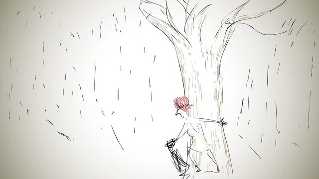 Video Reference: animation, hand-drawn, sketch, tree, person, hugging, minimalist, abstract, nature, outdoor, figure, line art